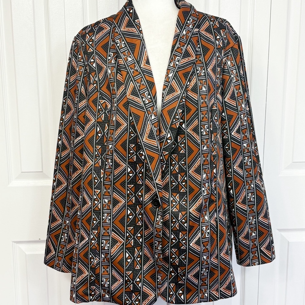 Ashley Stewart Brown Multi Tribal Mudcloth Print One-Button Blazer 18/20